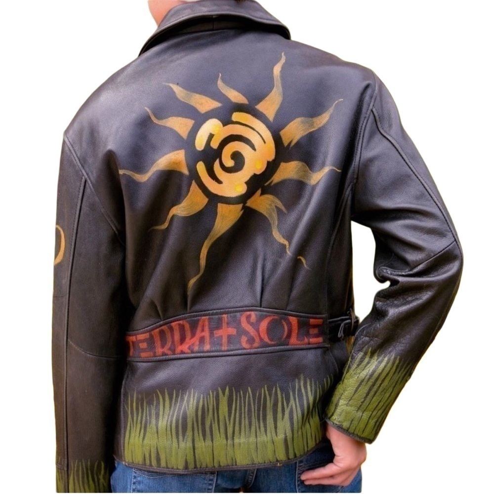 Vintage black leather bomber jacket hand-painted, earth, sun, grass, mens sz S